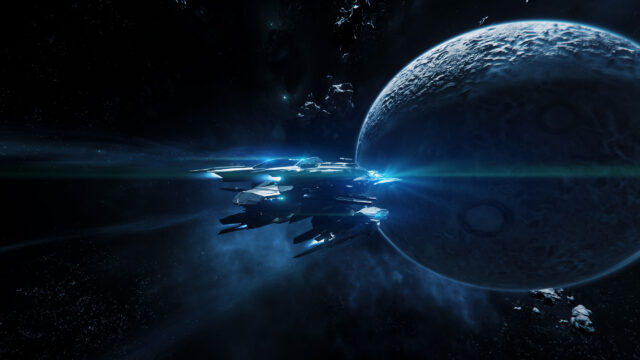 Futuristic Spaceship Near Barren Moon Desktop Wallpaper