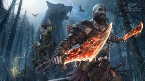 Kratos and Atreus Battle Fantasy Art 4K Desktop Wallpaper