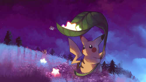 Pikachu Holding a Glowing Leaf Night Desktop Wallpaper