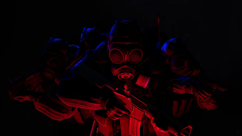 Tactical Gas Mask Soldiers in Red and Blue Lighting Desktop Wallpaper