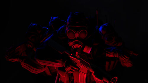 Tactical Gas Mask Soldiers in Red and Blue Lighting Desktop Wallpaper