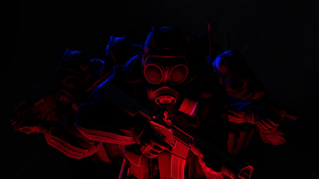 Tactical Gas Mask Soldiers in Red and Blue Lighting Desktop Wallpaper