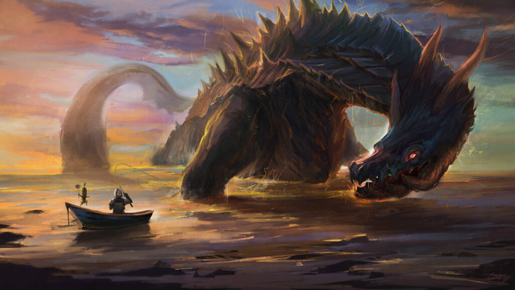 Epic Fantasy Sea Monster Confrontation Desktop Wallpaper