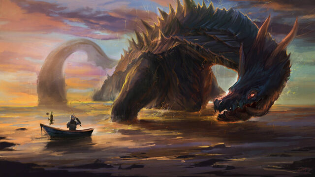 Epic Fantasy Sea Monster Confrontation Desktop Wallpaper