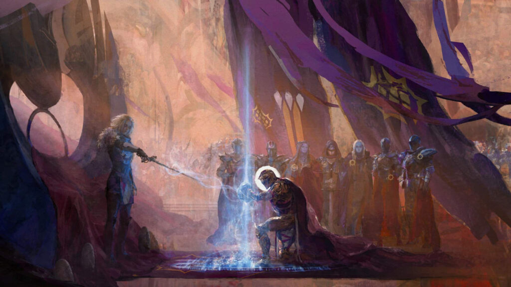Fantasy Knight Kneeling Before Queen 4K Desktop Wallpaper