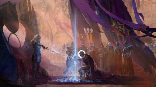 Fantasy Knight Kneeling Before Queen 4K Desktop Wallpaper