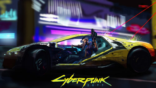 Cyberpunk Style Car Chase Action Desktop Wallpaper
