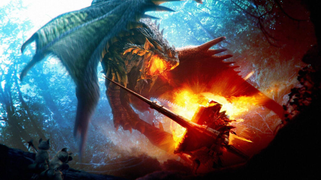 Epic Monster Hunter Battle Against Rathalos Desktop Wallpaper