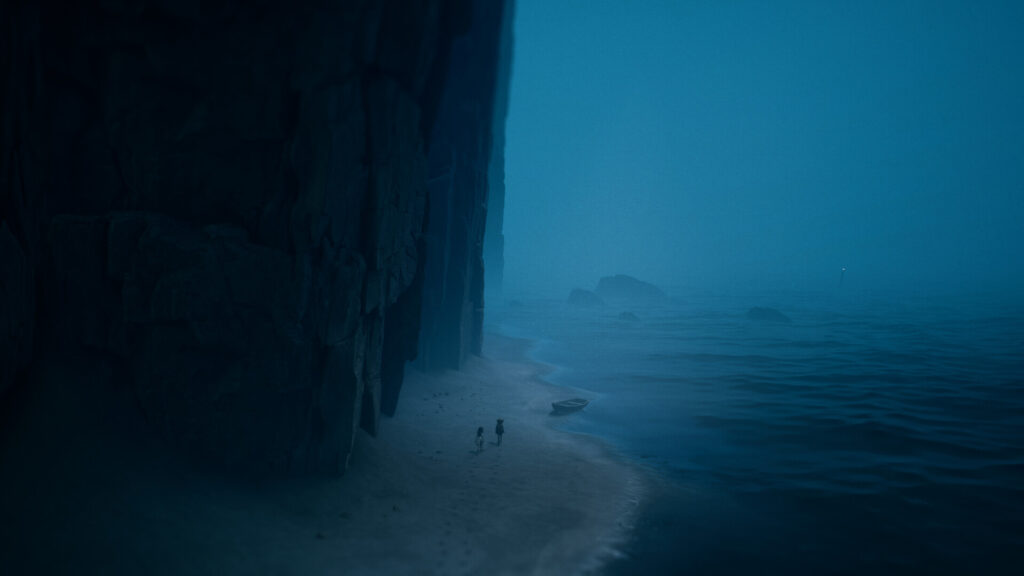 Two Figures on a Misty Beach Desktop Wallpaper