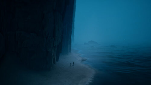 Two Figures on a Misty Beach Desktop Wallpaper