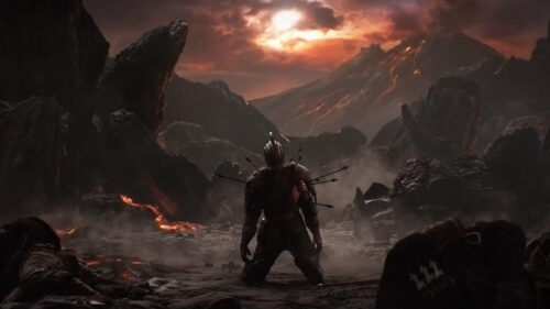 Kneeling Knight in Volcanic Wasteland PC Wallpaper