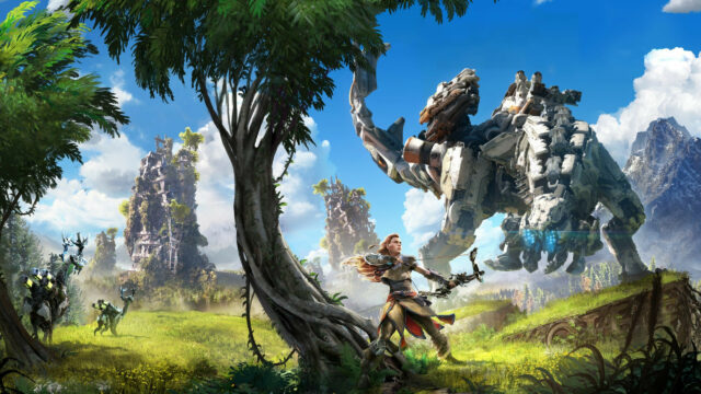 Aloy Facing a Thunderjaw in a Lush Landscape Desktop Wallpaper
