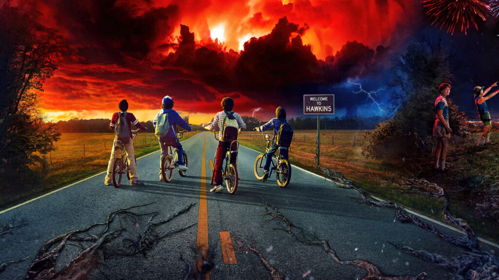Stranger Things Kids on Bikes Red Sky Desktop Wallpaper