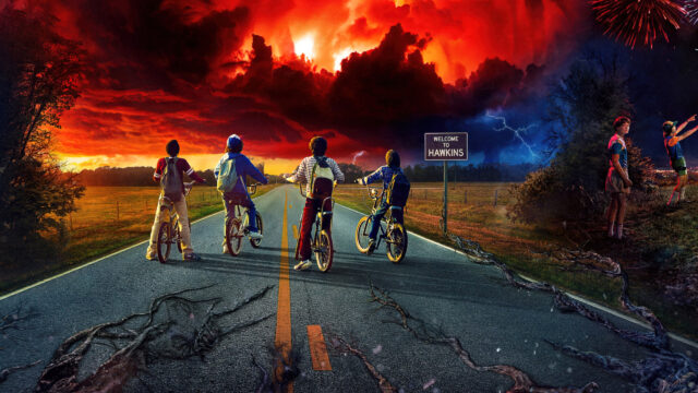 Stranger Things Kids on Bikes Red Sky Desktop Wallpaper