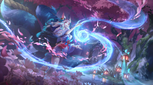 Spirit Blossom Ahri LoL Fantasy Landscape Desktop Wallpaper
