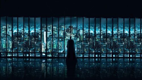 Batman Overlooking Gotham City Skyline 4K Desktop Wallpaper