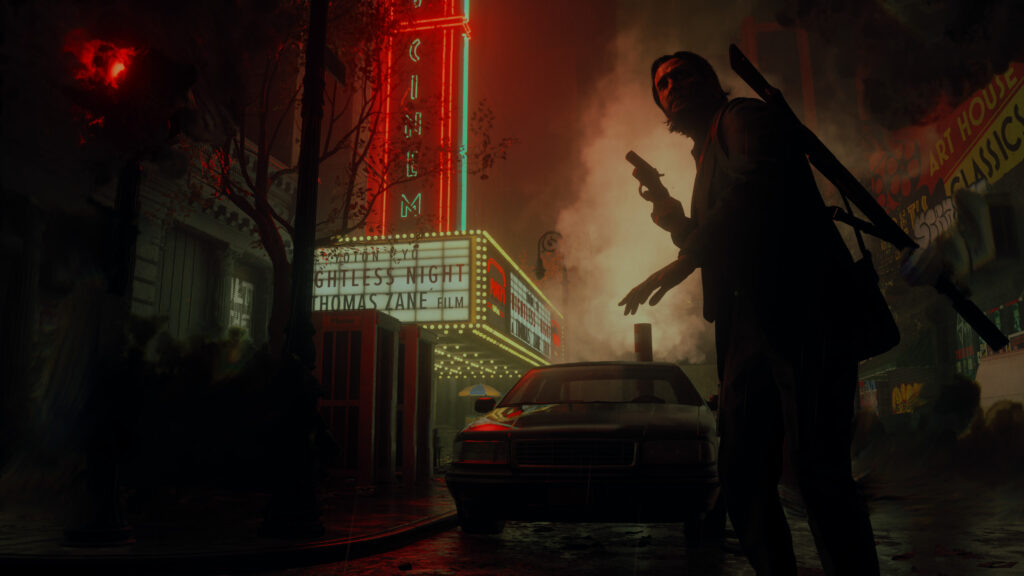 Nighttime Street Encounter with Armed Character Desktop Wallpaper