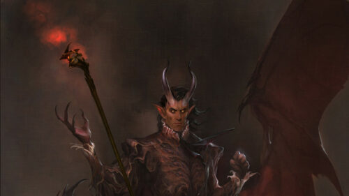Dark Fantasy Demon Mage with Staff 4K Desktop Wallpaper
