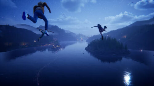 Three Characters Jumping Over a River Desktop Wallpaper