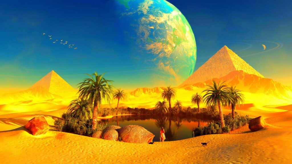 Surreal Desert Oasis with Pyramids and Massive Planet Desktop Wallpaper