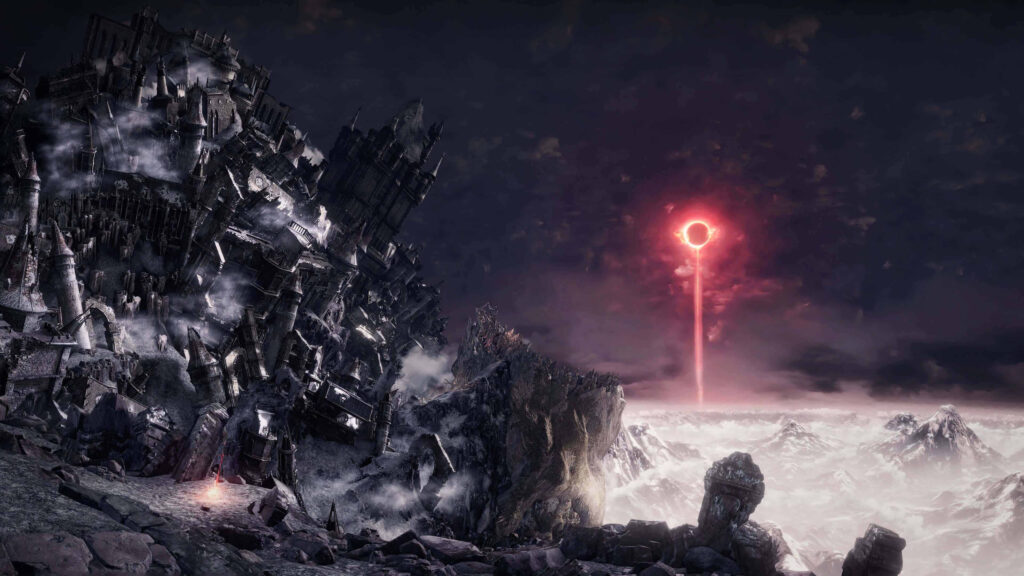 Dystopian Fantasy Ruined Castle and Red Eclipse Desktop Wallpaper