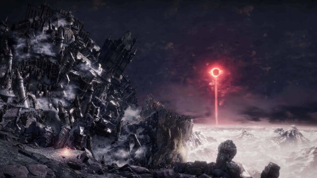 Dystopian Fantasy Ruined Castle and Red Eclipse Desktop Wallpaper