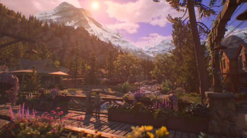A Serene Mountain Town at Sunset Desktop Wallpaper