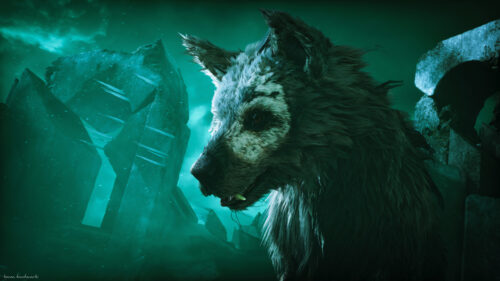 Mythical Wolf in Teal Ruins 4K Desktop Wallpaper