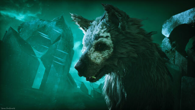Mythical Wolf in Teal Ruins 4K Desktop Wallpaper