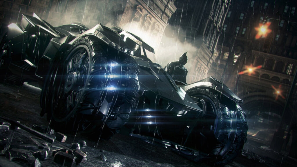 Batman Arkham Knight Batmobile Rainy City Desktop Wallpaper
