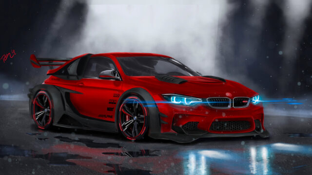 Red Custom Modified BMW M4 Sports Car Desktop Wallpaper