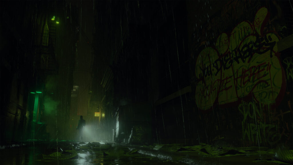 Dark Rainy Alleyway at Night Desktop Wallpaper