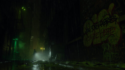 Dark Rainy Alleyway at Night Desktop Wallpaper