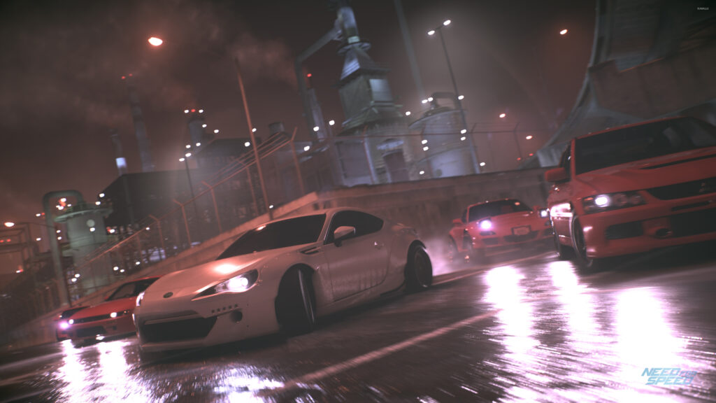 Street Racing Scene in Industrial Setting Desktop Wallpaper