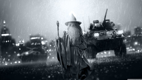 Gandalf Standing Before a Military Tank in the Rain Desktop Wallpaper