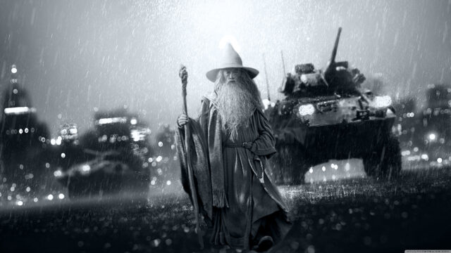 Gandalf Standing Before a Military Tank in the Rain Desktop Wallpaper