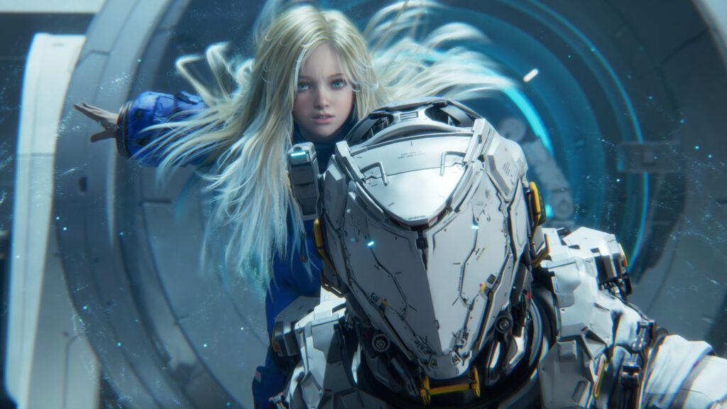 Anime Girl and Futuristic Mech Suit Desktop Wallpaper
