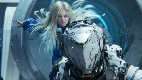 Anime Girl and Futuristic Mech Suit Desktop Wallpaper