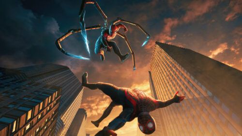Spider-Man Duo Flying Above New York City 4K Wallpaper