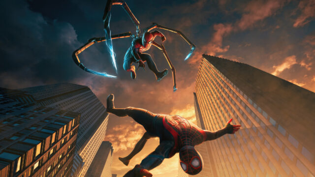 Spider-Man Duo Flying Above New York City 4K Wallpaper