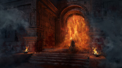 Dark Fantasy Gatekeeper in Front of Fire Portal Desktop Wallpaper