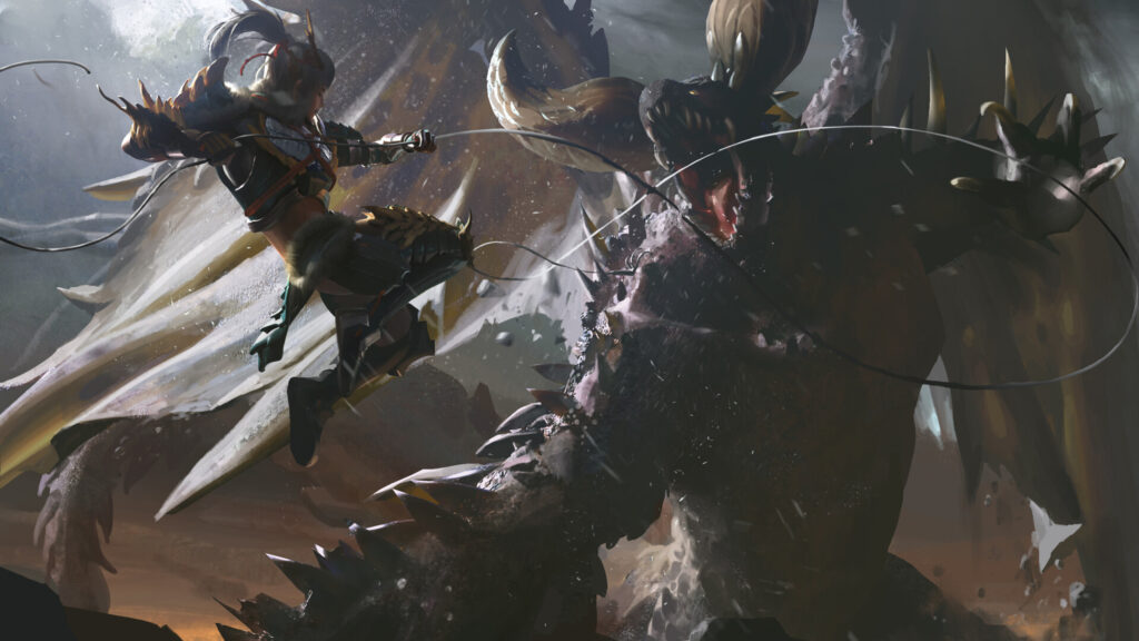 Fantasy Warrior Battling Massive Dragon Desktop Wallpaper