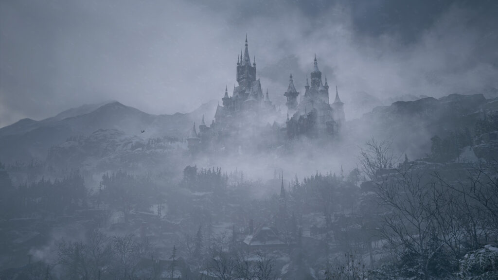 Misty Snowy Gothic Castle at Dusk 4K Wallpaper