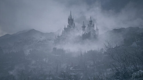 Misty Snowy Gothic Castle at Dusk 4K Wallpaper