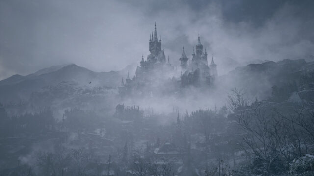 Misty Snowy Gothic Castle at Dusk 4K Wallpaper
