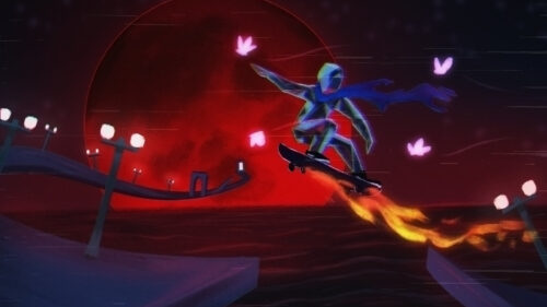 Skateboarder in Neon Red Void Desktop Wallpaper