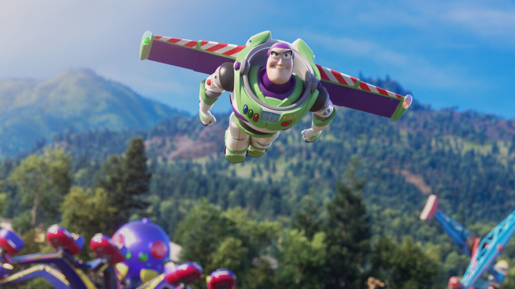 Buzz Lightyear Flying over Park Landscape Desktop Wallpaper