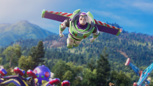 Buzz Lightyear Flying over Park Landscape Desktop Wallpaper