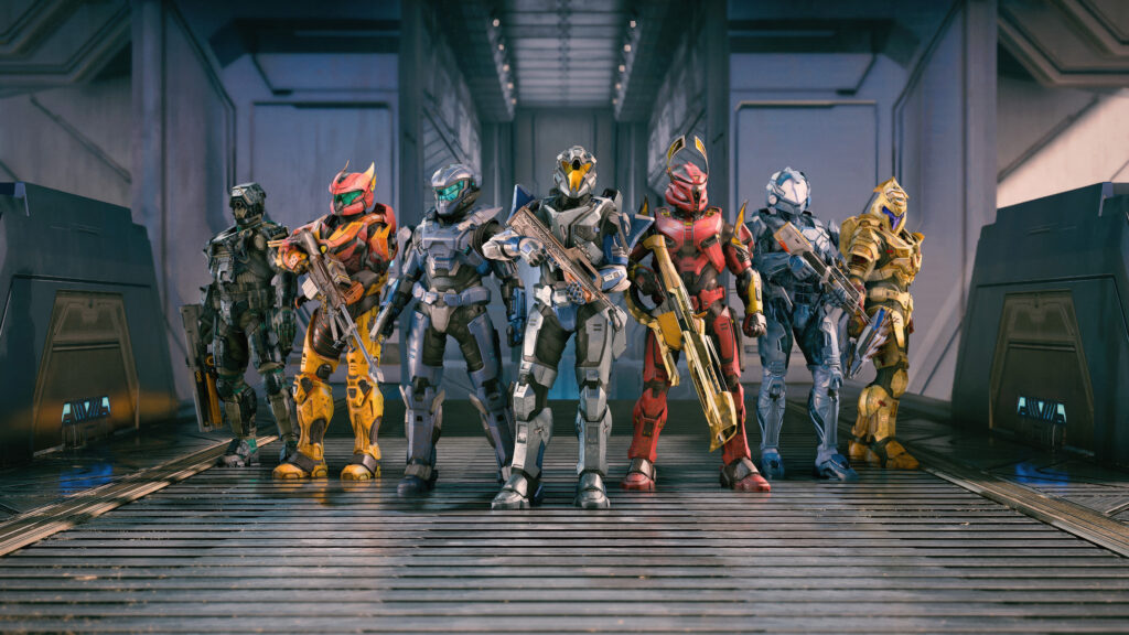 Seven Heavily Armored Sci-Fi Soldiers in Formation PC Wallpaper