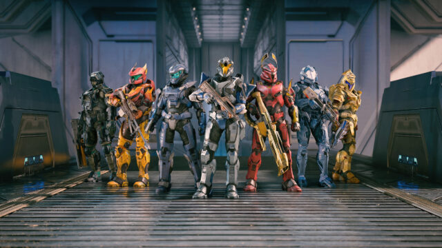Seven Heavily Armored Sci-Fi Soldiers in Formation PC Wallpaper